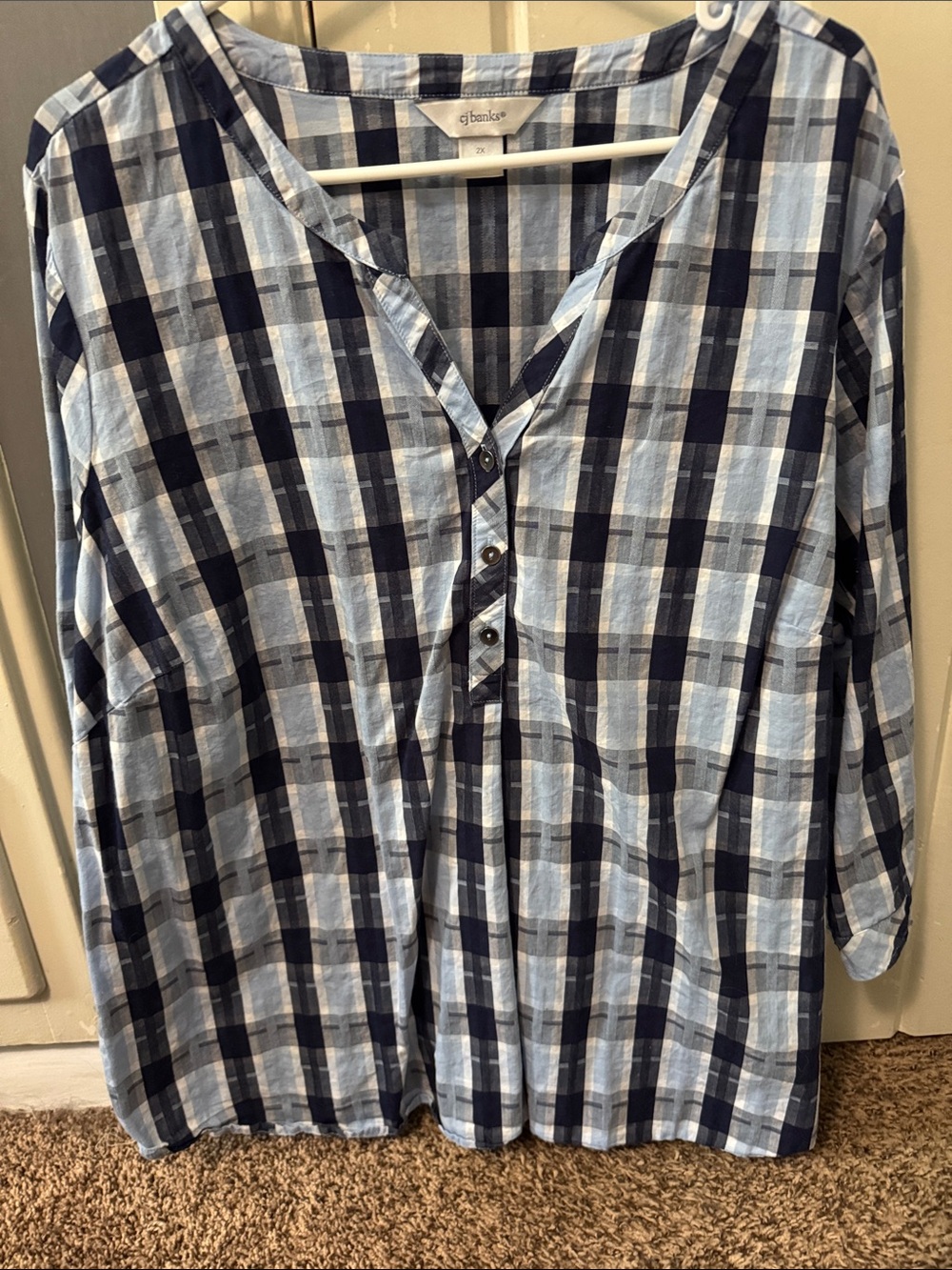 CJ Banks Blue and White Plaid Button-Front Women's Shirt